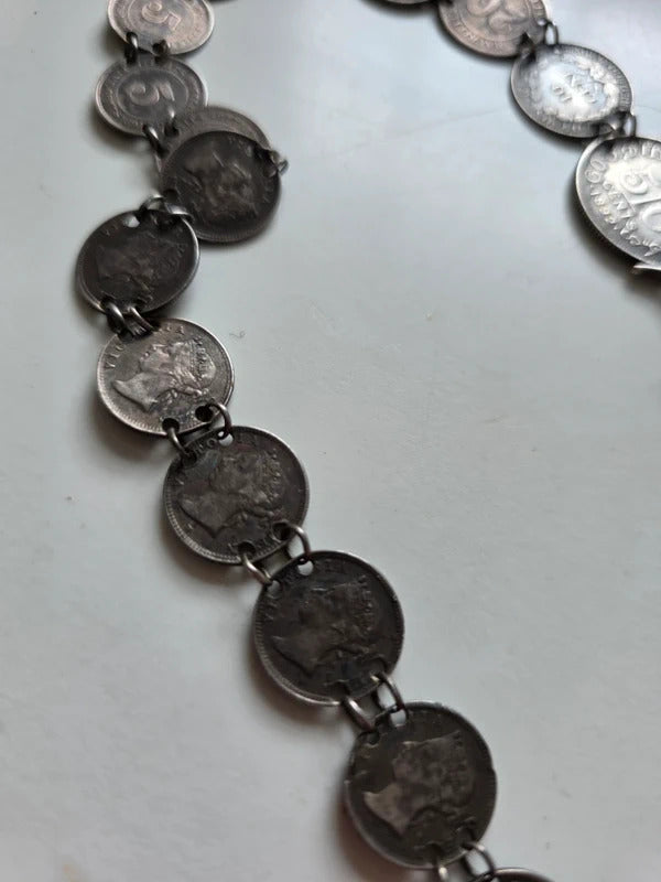 Antique Sterling Silver Coin Pocket Watch Chain – 1890s Coins – Hallmarked Albert Chain