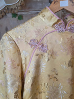 Load image into Gallery viewer, Vintage 1950s Silk Cheongsam Dress | Gold Floral Brocade | Mandarin Collar | Wiggle Dress | UK 6/8
