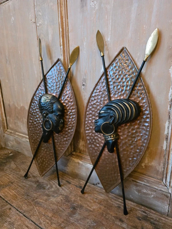 RARE Vintage Pair Richard Rohac Wall Sculptures Bronze Brass Shield Spears Art Deco / Mid Century