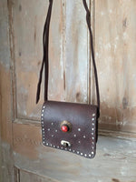 Load image into Gallery viewer, Handmade Brown Leather Studded Shoulder Bag Boho Festival Crossbody Red Gem Detail
