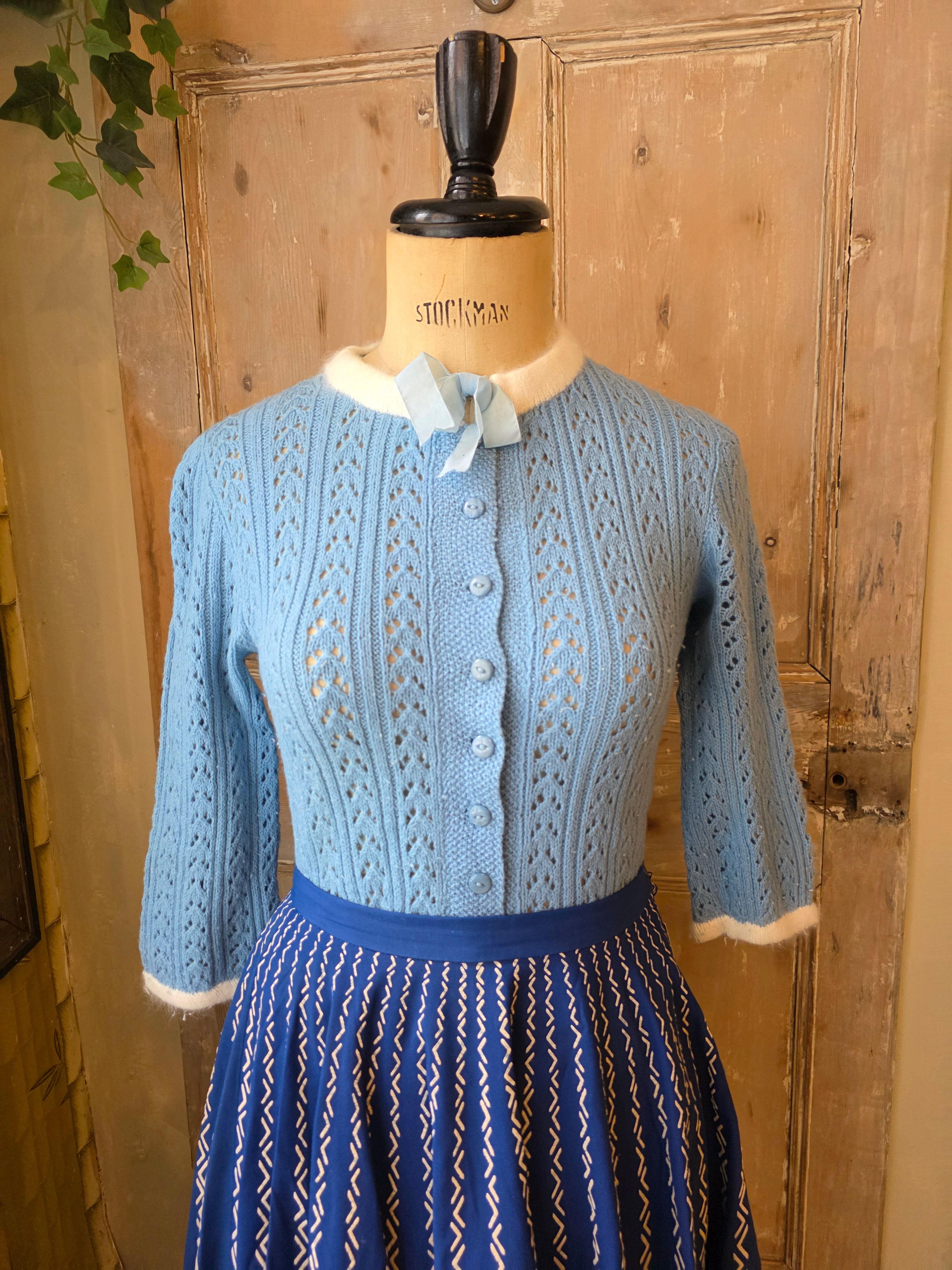 Vintage 1950s Hand-Knitted Powder Blue Cardigan with White Trim – UK 10/12