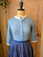 Load image into Gallery viewer, Vintage 1950s Hand-Knitted Powder Blue Cardigan with White Trim – UK 10/12
