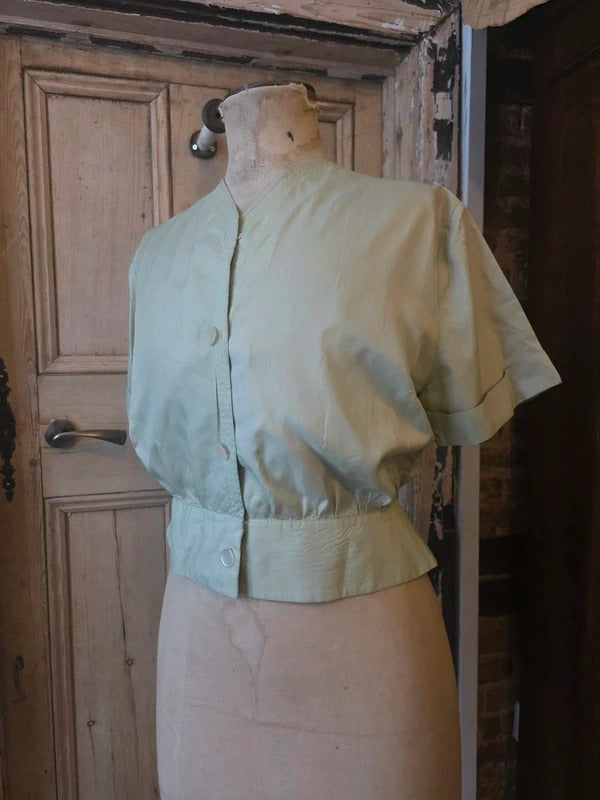 Vintage 1950s Pale Green Fitted Blouse – Charles Hire Worthing, Button Front, Cinched Waist