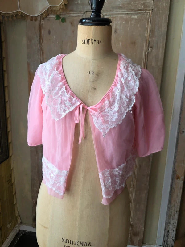 Vintage 1960s White Lace Collar & Trim Pink Nylon Bed Jacket