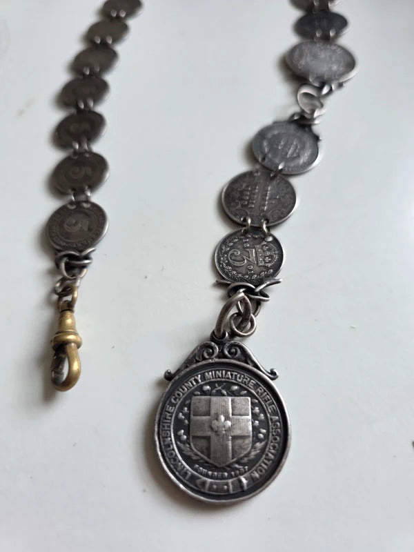 Antique Sterling Silver Coin Pocket Watch Chain – 1890s Coins – Hallmarked Albert Chain