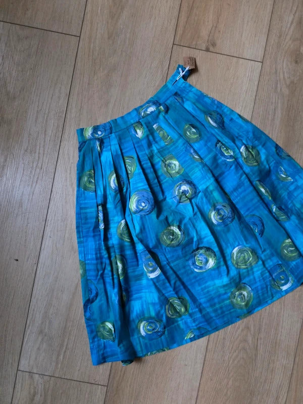 Vintage 1950s Abstract Print Cotton Pleated Skirt | Atomic Mid Century | Blue & Green | UK6