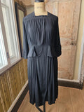 Vintage 1930s Black Rayon Crepe Peplum Dress Square Neck Ruched Sleeves UK 16