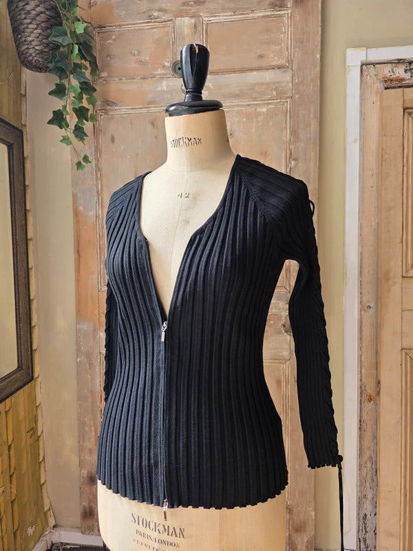 Vintage  y2k Belldini Black Ribbed Zip-Up Knit Cardigan Sweater Cable-Detail Sleeve