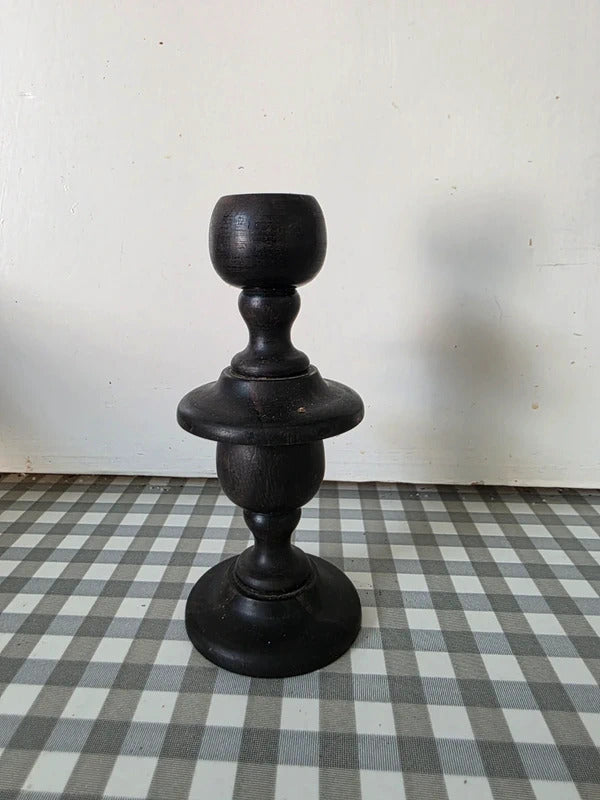Vintage Hand Turned Wooden Candlesticks – Pair (Ebonised Wood)