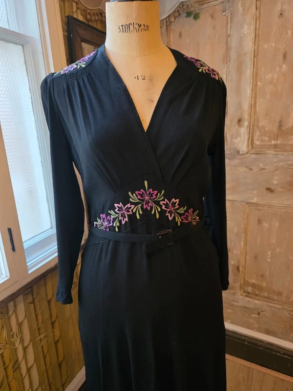 Vintage 1930s Black Crepe Dress Floral Embroidery Wrap Neckline Make Do And Mend UK 12