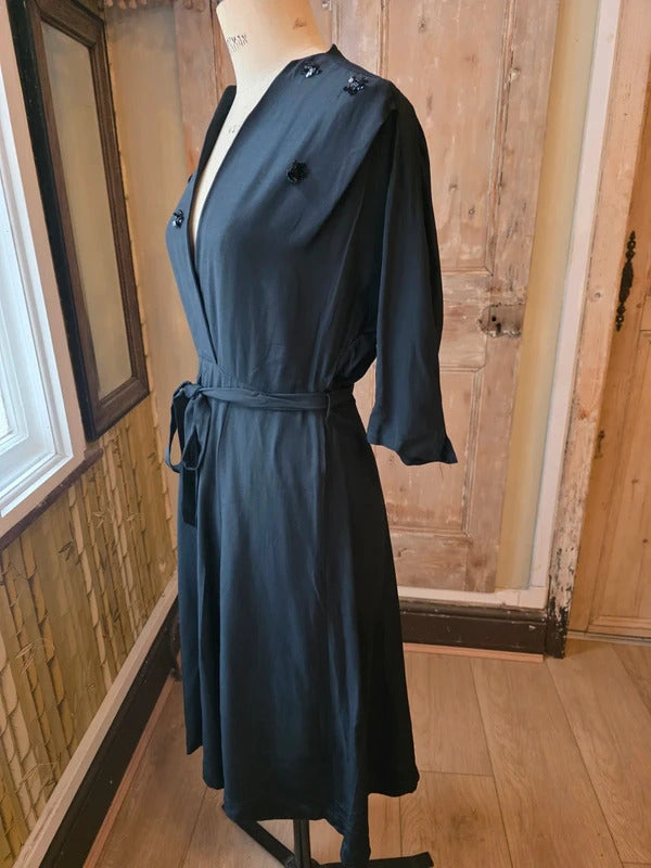 Vintage Late 1930s 1940s Black Wrap Dress Sequin Flower Motifs Swing Skirt UK 14
