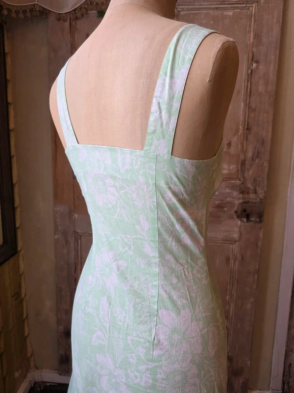 Vintage Y2K Mint Green Floral Buckle-Strap Midi Dress UK8