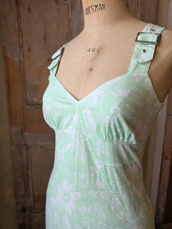 Vintage Y2K Mint Green Floral Buckle-Strap Midi Dress UK8