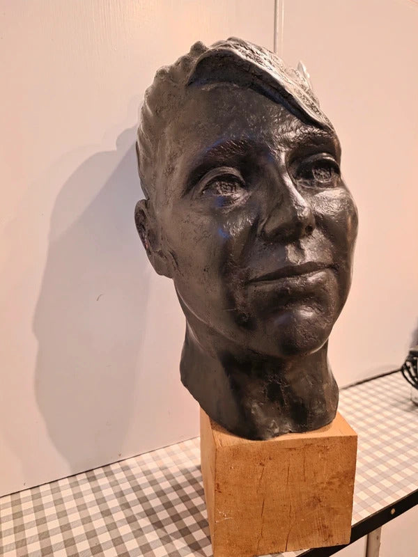 Vintage 1960s 1970s Large Life-Size Head Sculpture on Wooden Plinth – Faux Bronze Finish