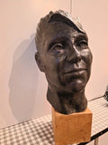 Vintage 1960s 1970s Large Life-Size Head Sculpture on Wooden Plinth – Faux Bronze Finish