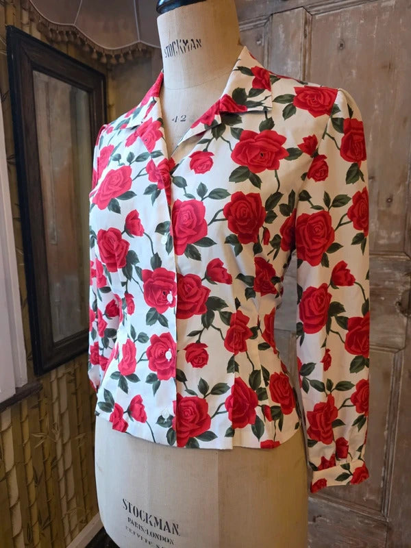 Vintage 1980s/90s Joliet Red Rose Print Blouse approx UK 12