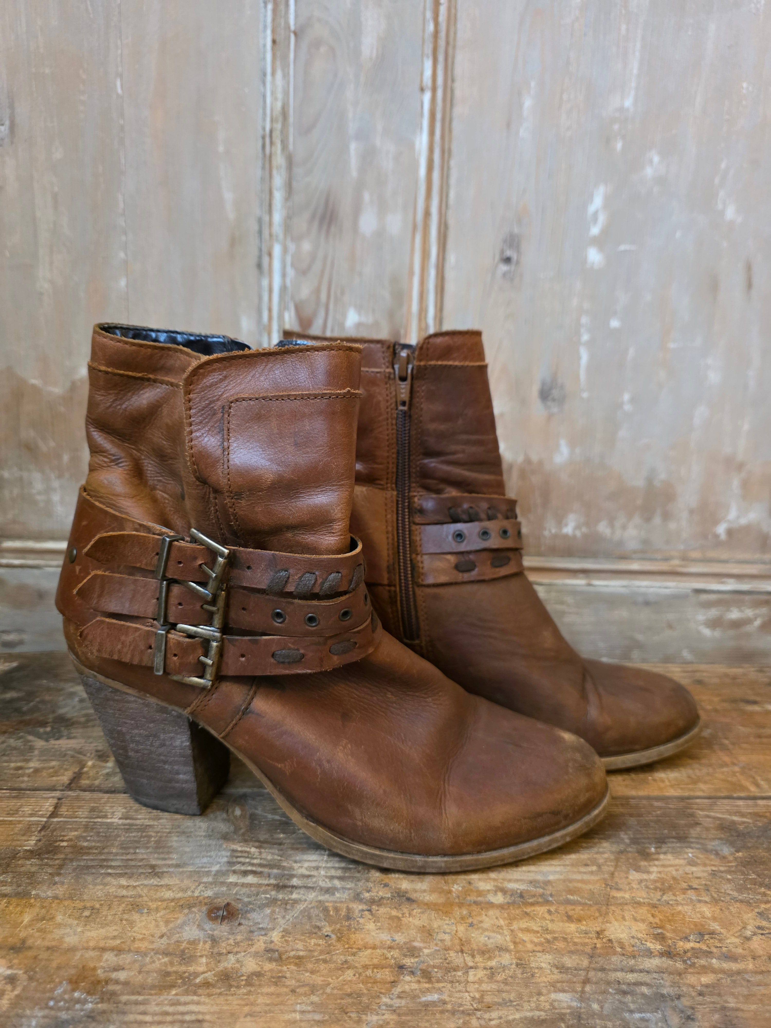 Vintage Y2K Western Style Ankle Boots UK Size 6 Leather Chunky Heel Retro 2000s