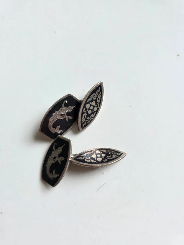 1930s Vintage Siam Silver Niello Cufflinks with Mythical Figure