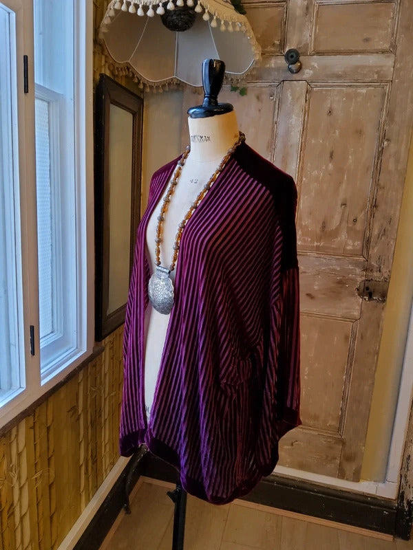 Vintage Charles And Patricia Lester Silk Devoré Velvet Kimono Jacket bugundyStriped