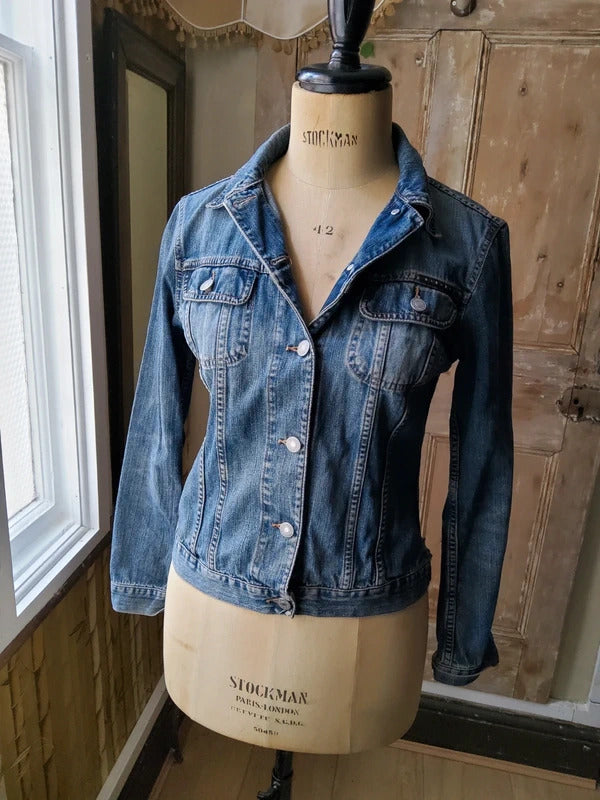 Vintage Y2K Sisley Denim Jacket Fitted Trucker Mid Wash Blue | UK8