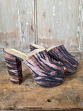 Original 1970s Tiger Print Platform Mules – Pony Hair Leather Clogs – UK 4 – Disco Glam