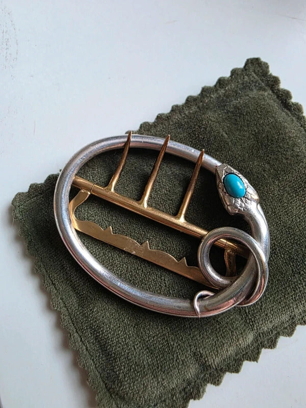 Antique 1920s Art Deco Silver & Brass Snake Belt Buckle with Turquoise Cabochon