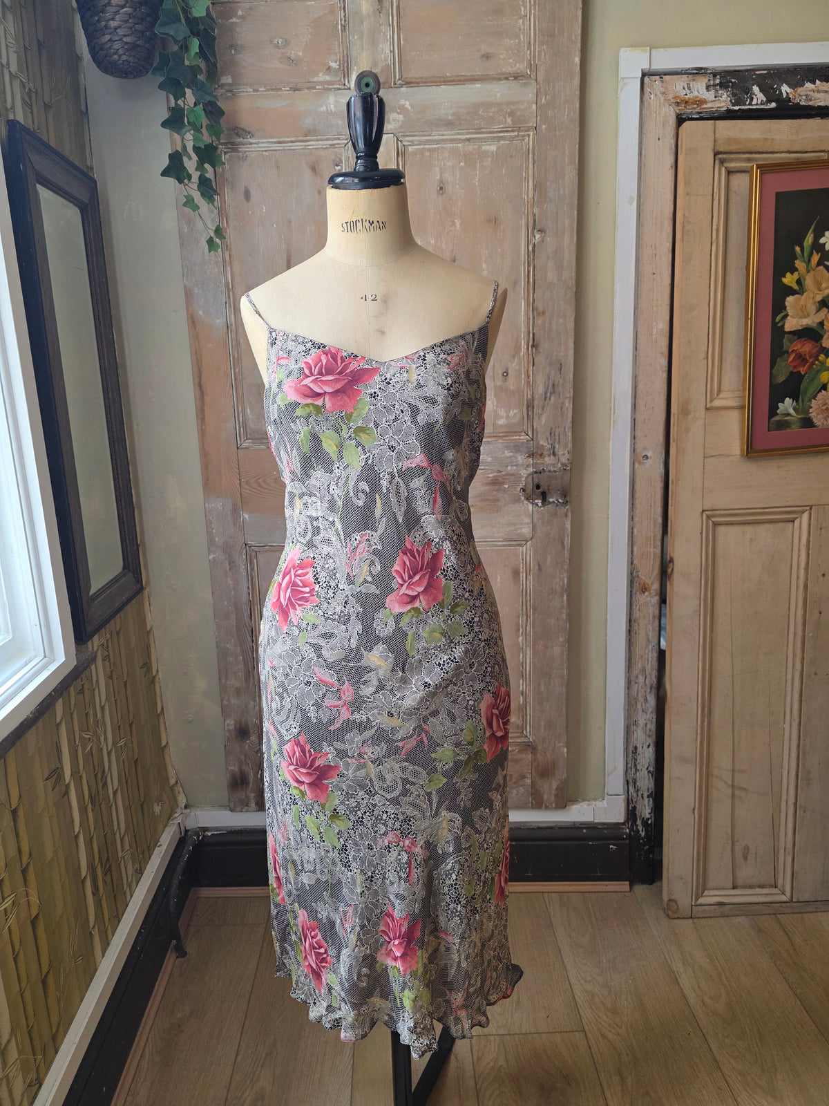 Vintage Y2K Slip Bias Dress – Floral Lace Print – UK 12