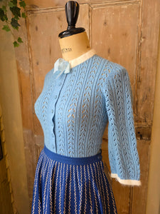 Vintage 1950s Hand-Knitted Powder Blue Cardigan with White Trim – UK 10/12
