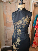 Load image into Gallery viewer, Vintage 1960s Black &amp; Gold Hand-Beaded Cheongsam Dress
