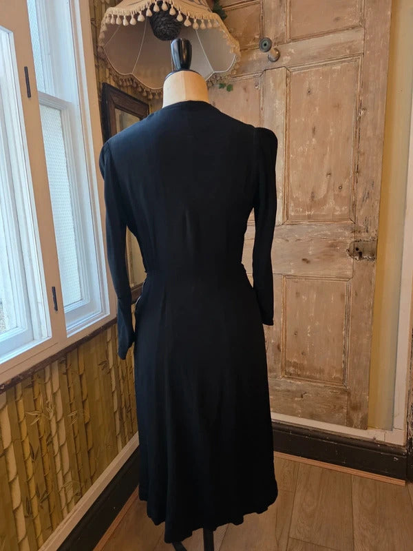 Vintage 1930s Black Crepe Dress Floral Embroidery Wrap Neckline Make Do And Mend UK 12