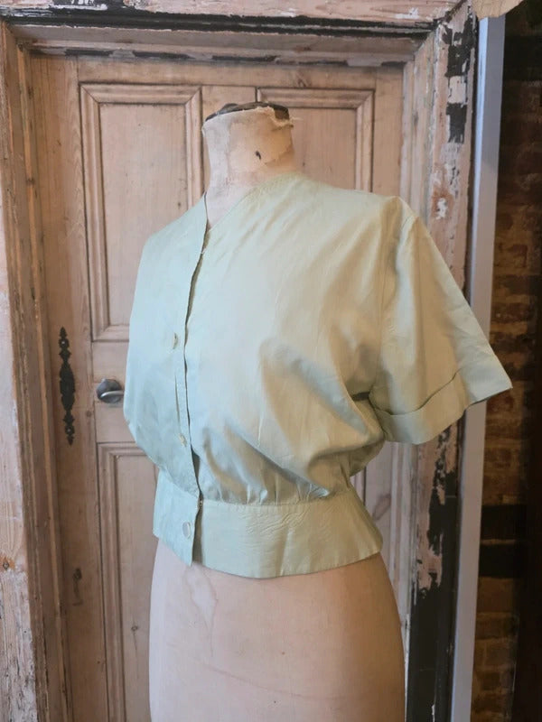 Vintage 1950s Pale Green Fitted Blouse – Charles Hire Worthing, Button Front, Cinched Waist
