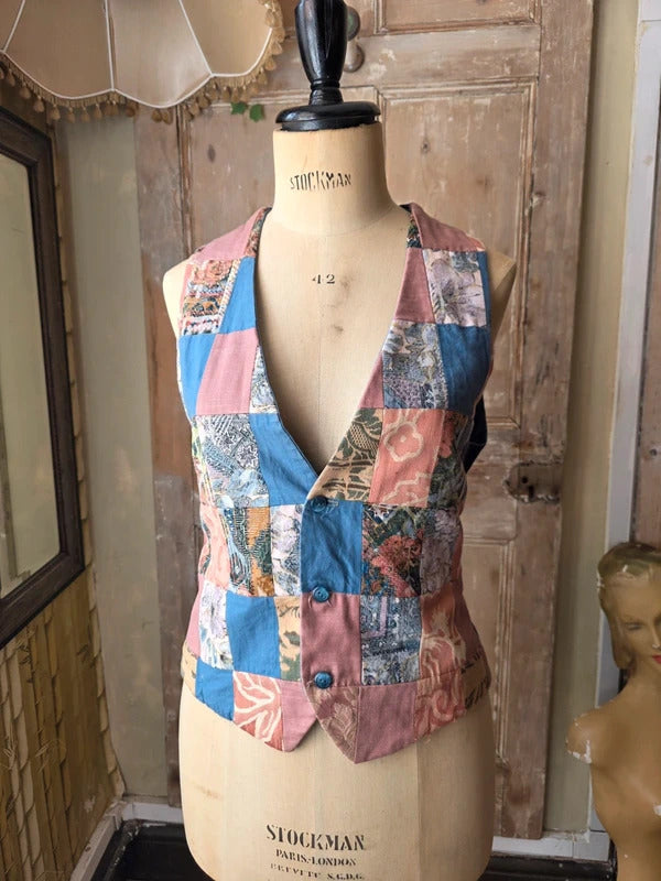 Vintage 1990s Patchwork Tapestry Waistcoat Boho Uk12