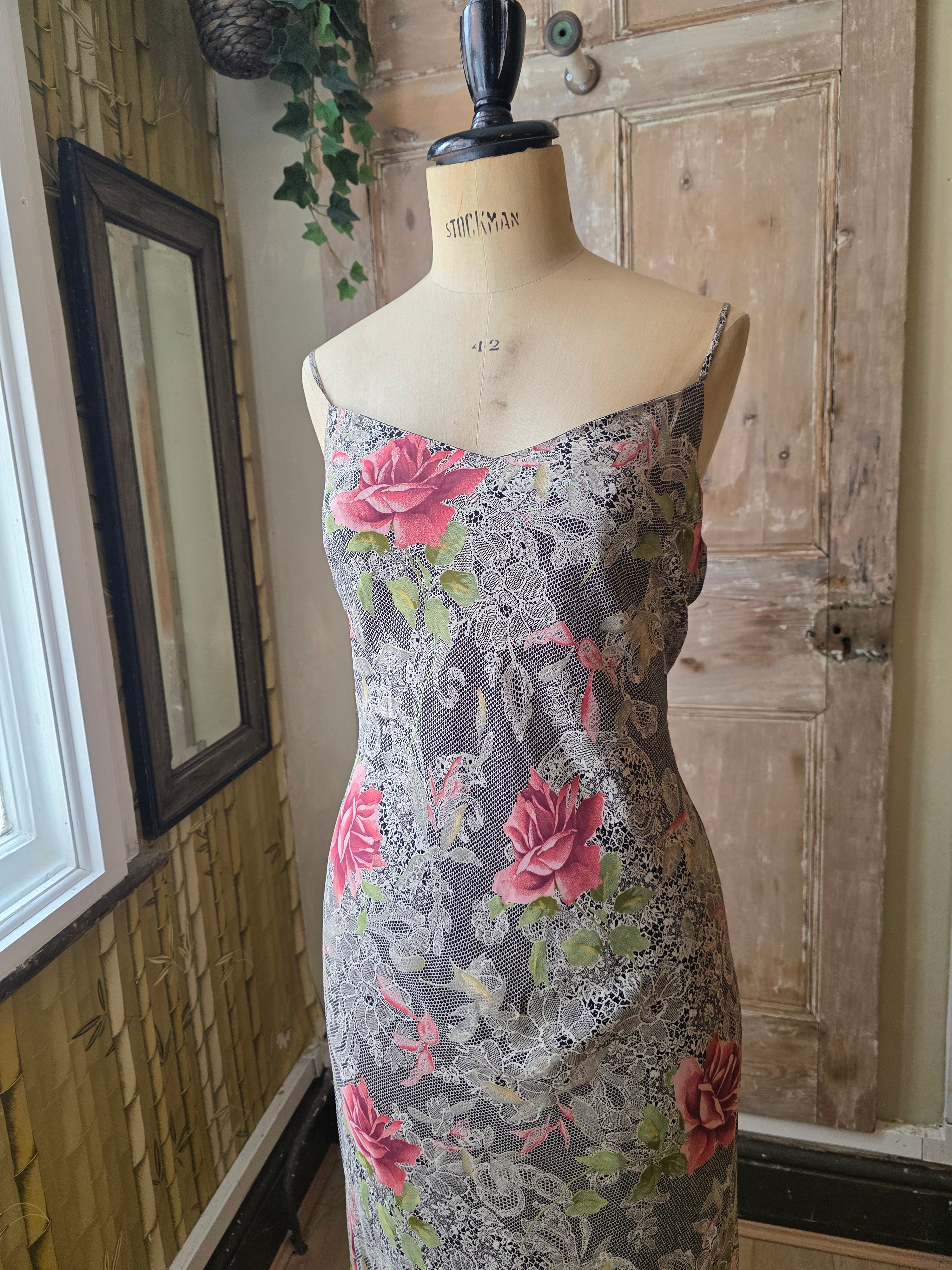 Vintage Y2K Slip Bias Dress – Floral Lace Print – UK 12