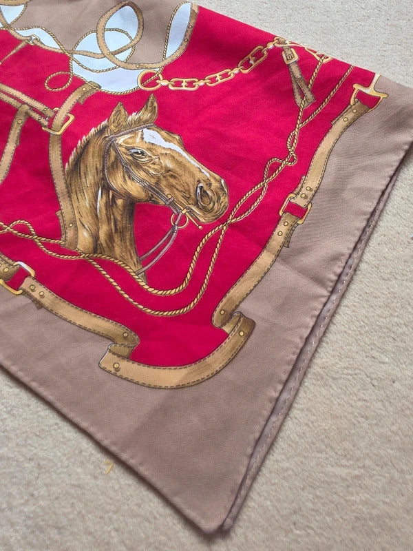 Vintage Hand Rolled Silk Equestrian Scarf – Bridle & Horse Print