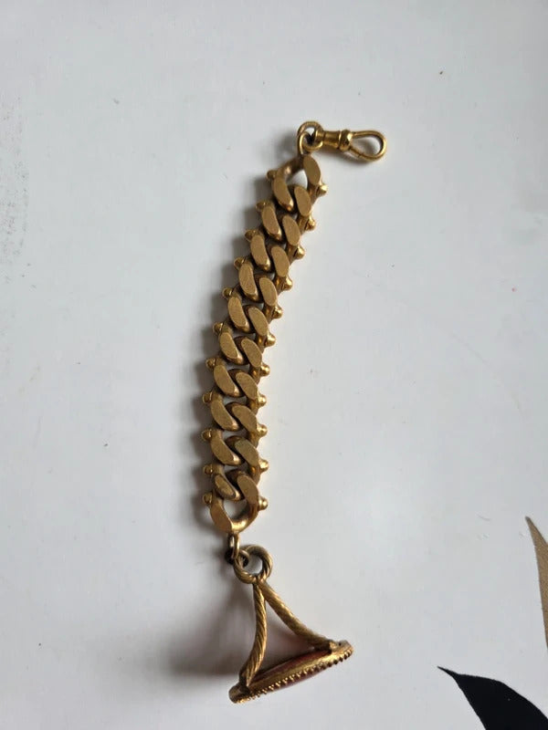 Vintage 1970s Gold Tone Chunky Curb Chain with Banded Agate Fob Charm