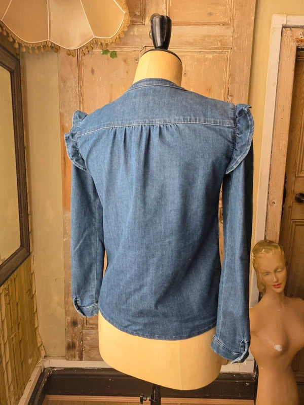 Vintage Y2K Kanopé French Ruffle Denim Blouse | Chambray Frill Collar Top | UK 8–10