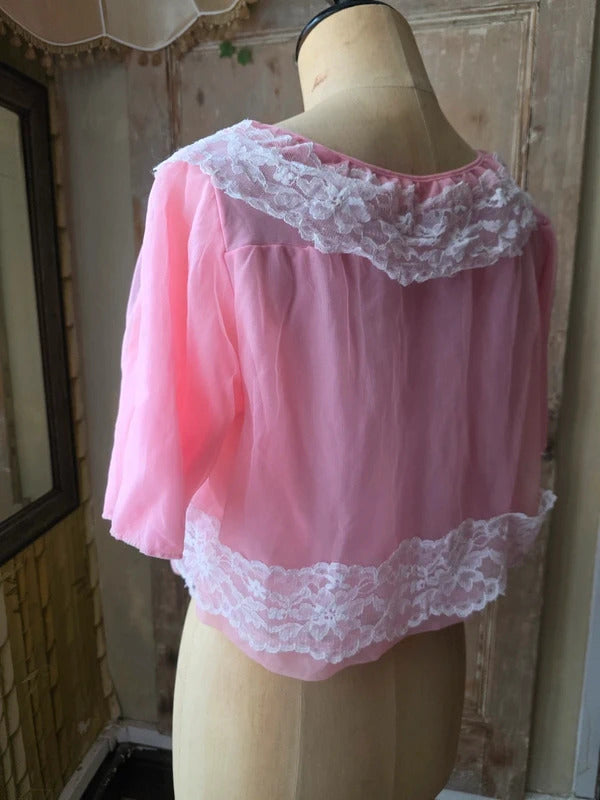 Vintage 1960s White Lace Collar & Trim Pink Nylon Bed Jacket