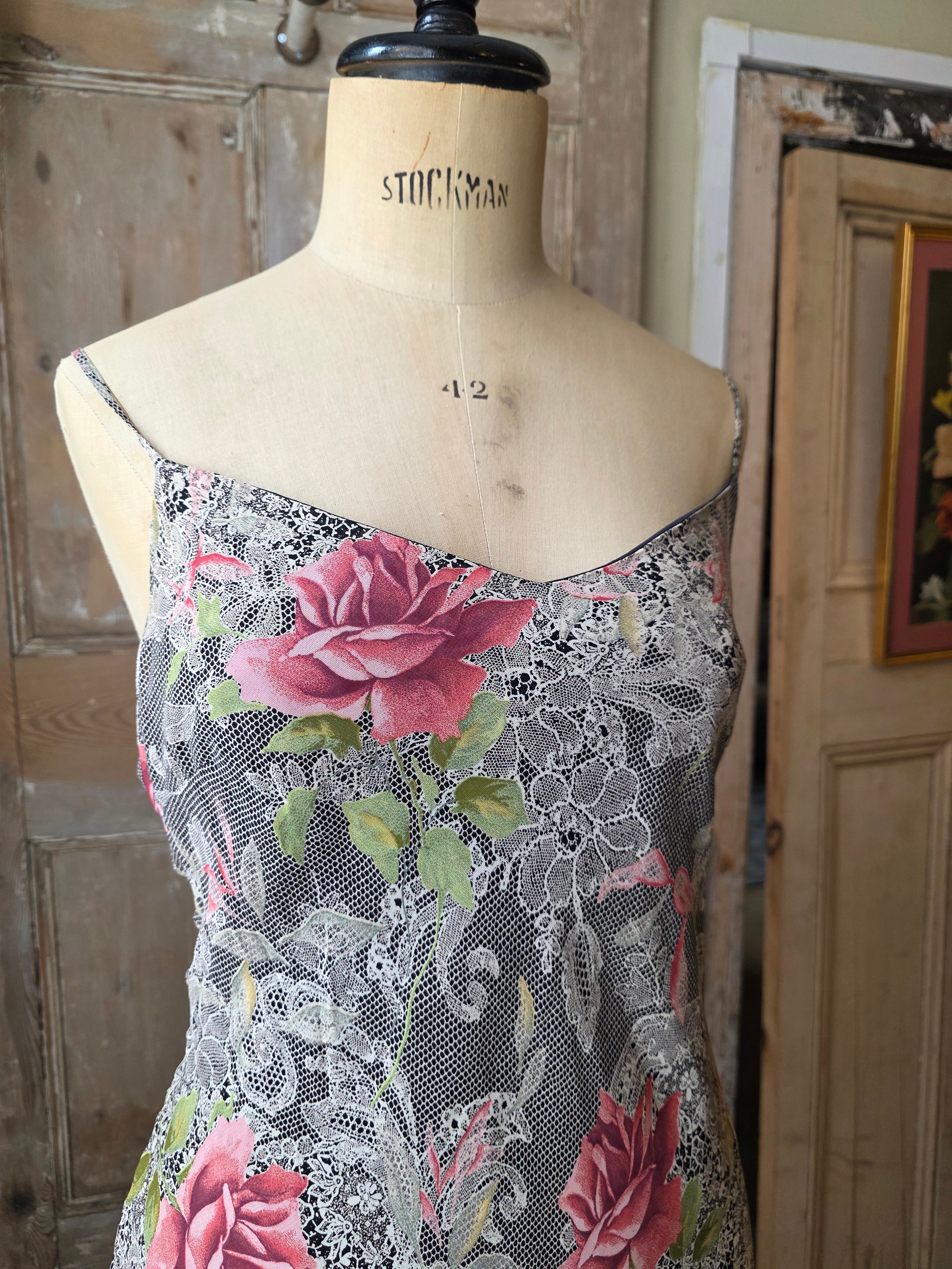 Vintage Y2K Slip Bias Dress – Floral Lace Print – UK 12