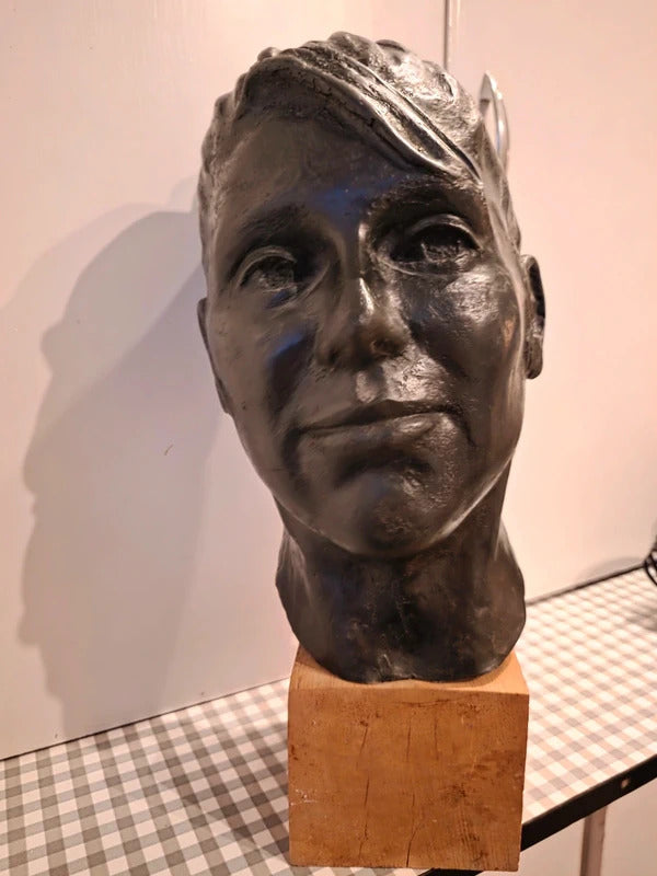 Vintage 1960s 1970s Large Life-Size Head Sculpture on Wooden Plinth – Faux Bronze Finish