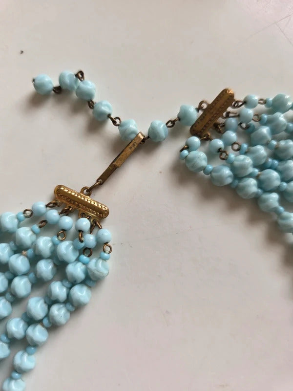 Vintage 1950s Czech Blue Milk Glass Multi Strand Necklace