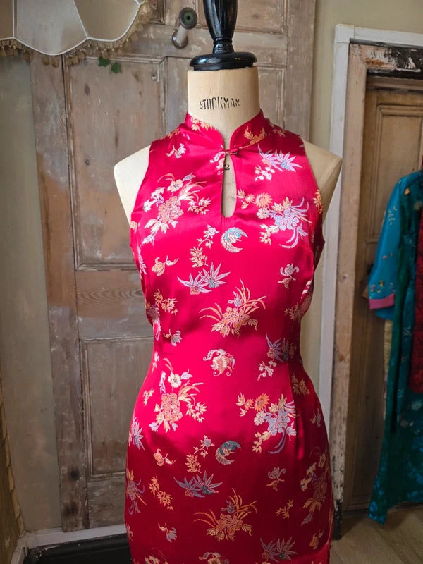 Vintage Y2K Principles Red Satin Brocade Cheongsam Maxi Dress UK8/10