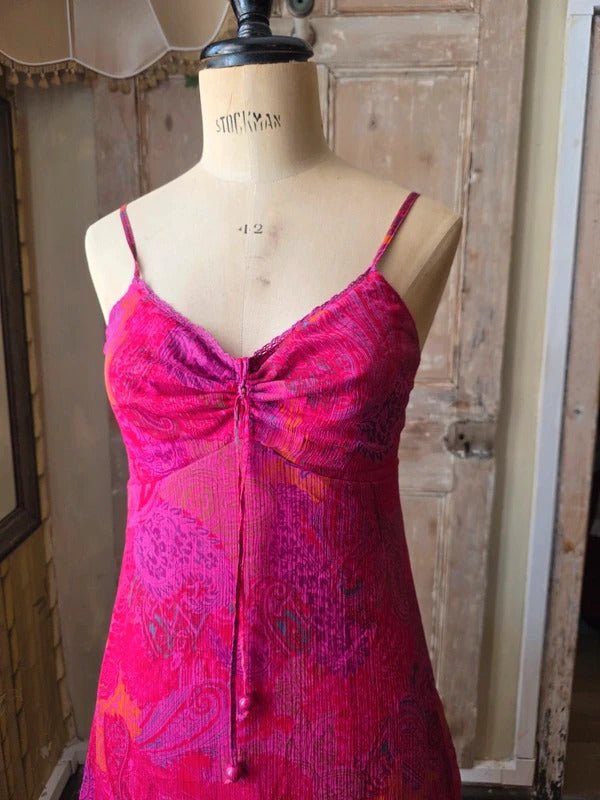 Vintage Y2K fairycore Pink Paisley Slip Dress | Sheer Fairycore Midi | Boho Festival Dress | UK 8