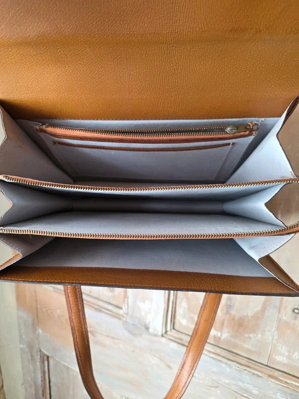 Vintage 1970s Tan Leather Satchel Contrast Stitch Briefcase Bag