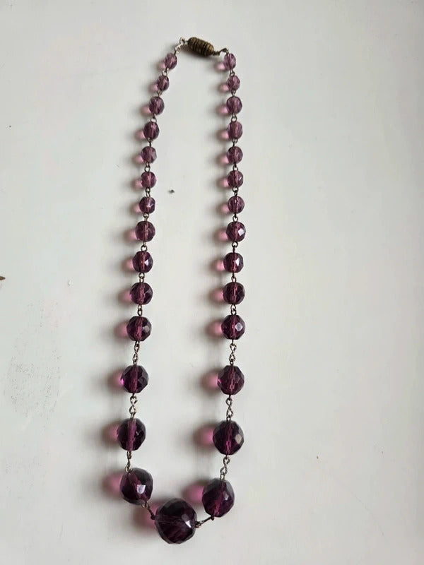 Vintage 1930s Art Deco Czech Purple Faceted Glass Necklace with Brass Closure