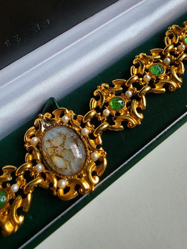 Vintage Mid-Century Gold-Tone Costume Bracelet with Green & Faux Pearl Details