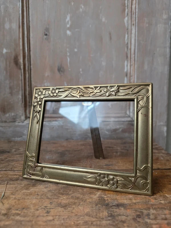 Vintage Art Nouveau Brass Photograph Frame – Floral Relief Easel Back Picture Frame