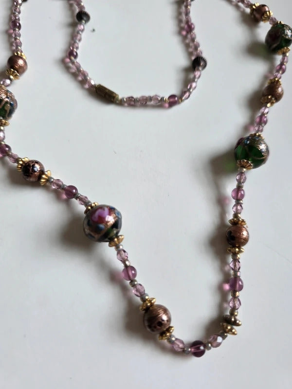 Vintage Venetian Lampwork Glass Bead Necklace – Murano Style, Handblown Art Glass