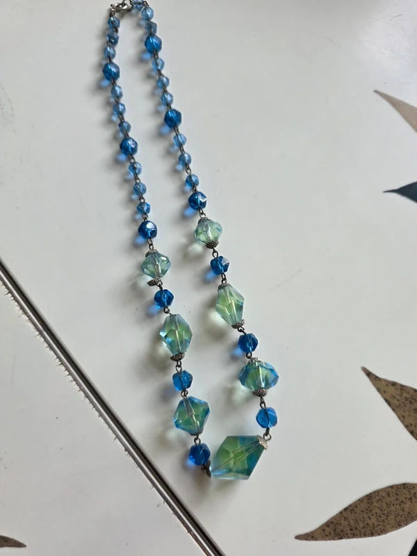 Vintage Czech Bi colour Uranium 1930s Art Deco Faceted Glass Necklace