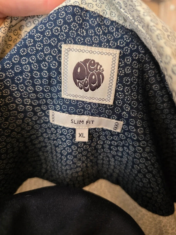 Pretty Green Slim Fit Shirt – Cream Micro Floral Zip Detail Button Up – Size XL