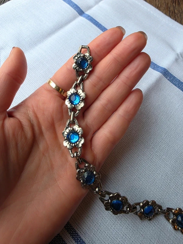 Vintage Blue Rhinestone Floral Bracelet – 1950s